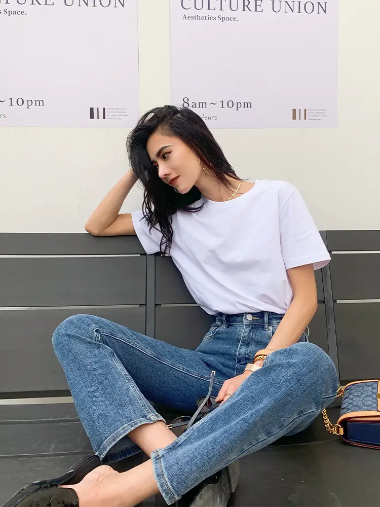Women Pure Cotton T-Shirt White Short Sleeve Loose Fit
