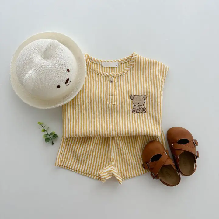 Korean Style Bear Striped Cotton Shorts Set for Boys Girls Summer 2026 - Image 5