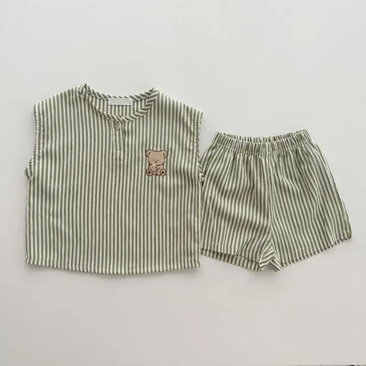 Korean Style Bear Striped Cotton Shorts Set for Boys Girls Summer 2026 - Image 2
