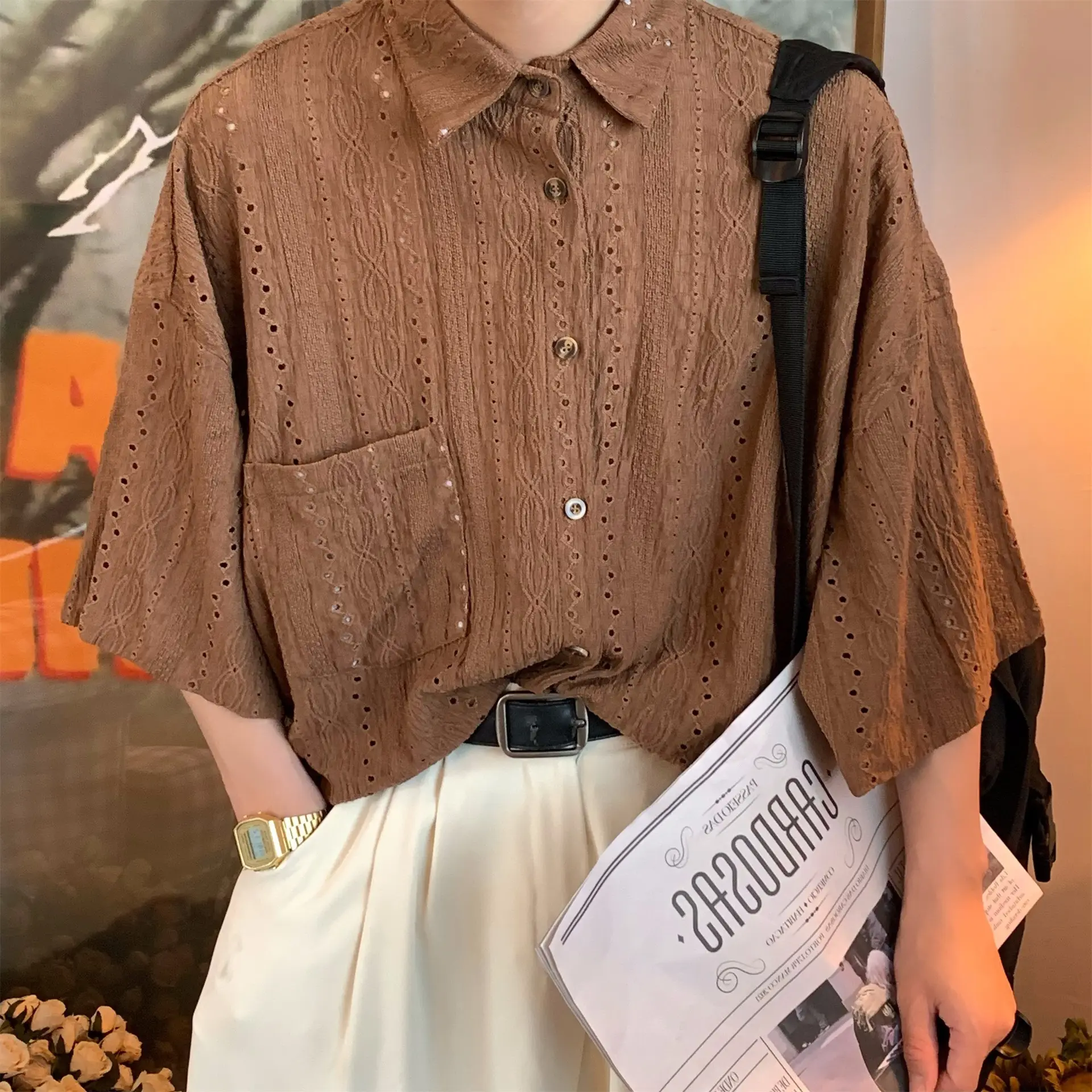 Japanese Style Men's Hollow Short Sleeve Shirt White - Image 3