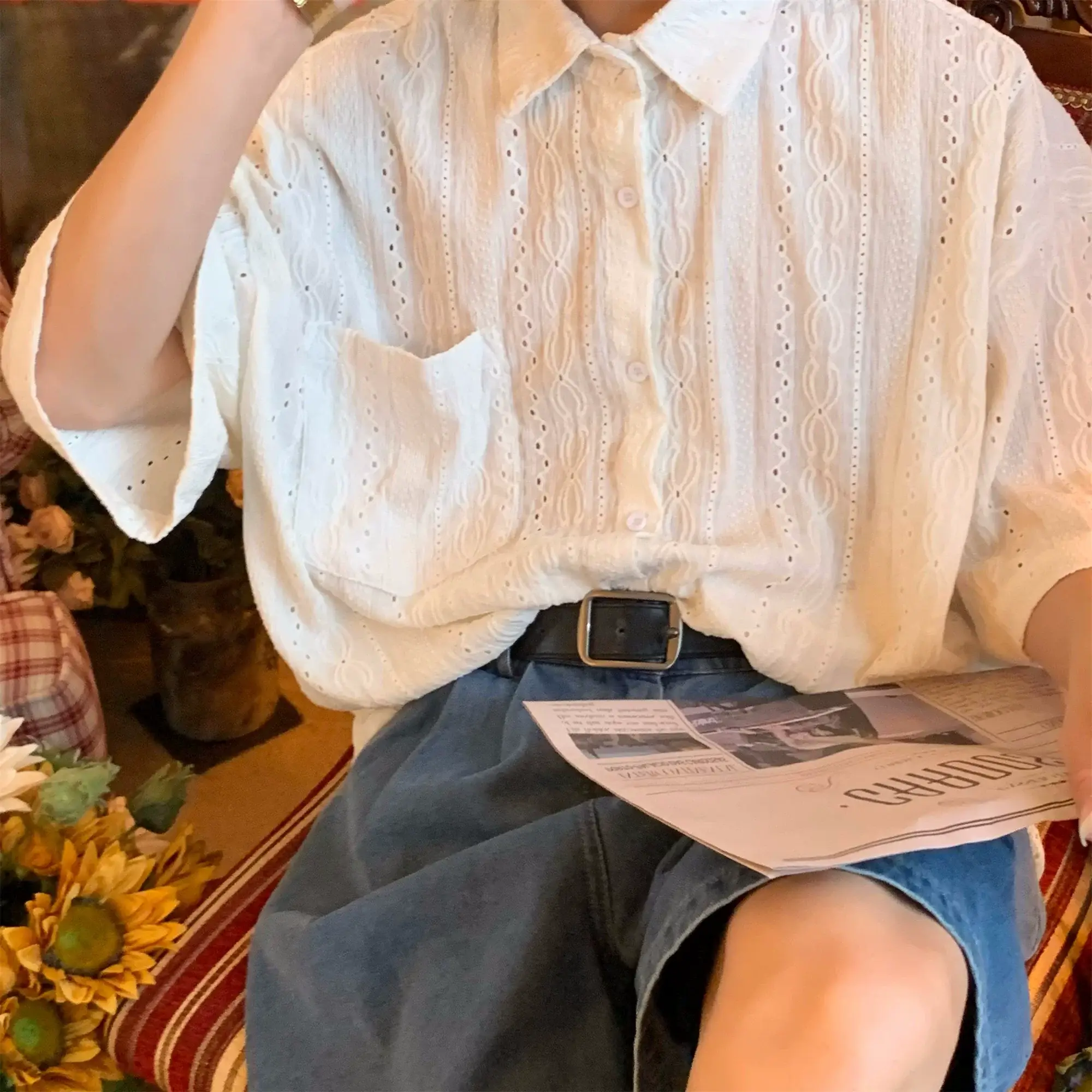Japanese Style Men's Hollow Short Sleeve Shirt White — feature 15