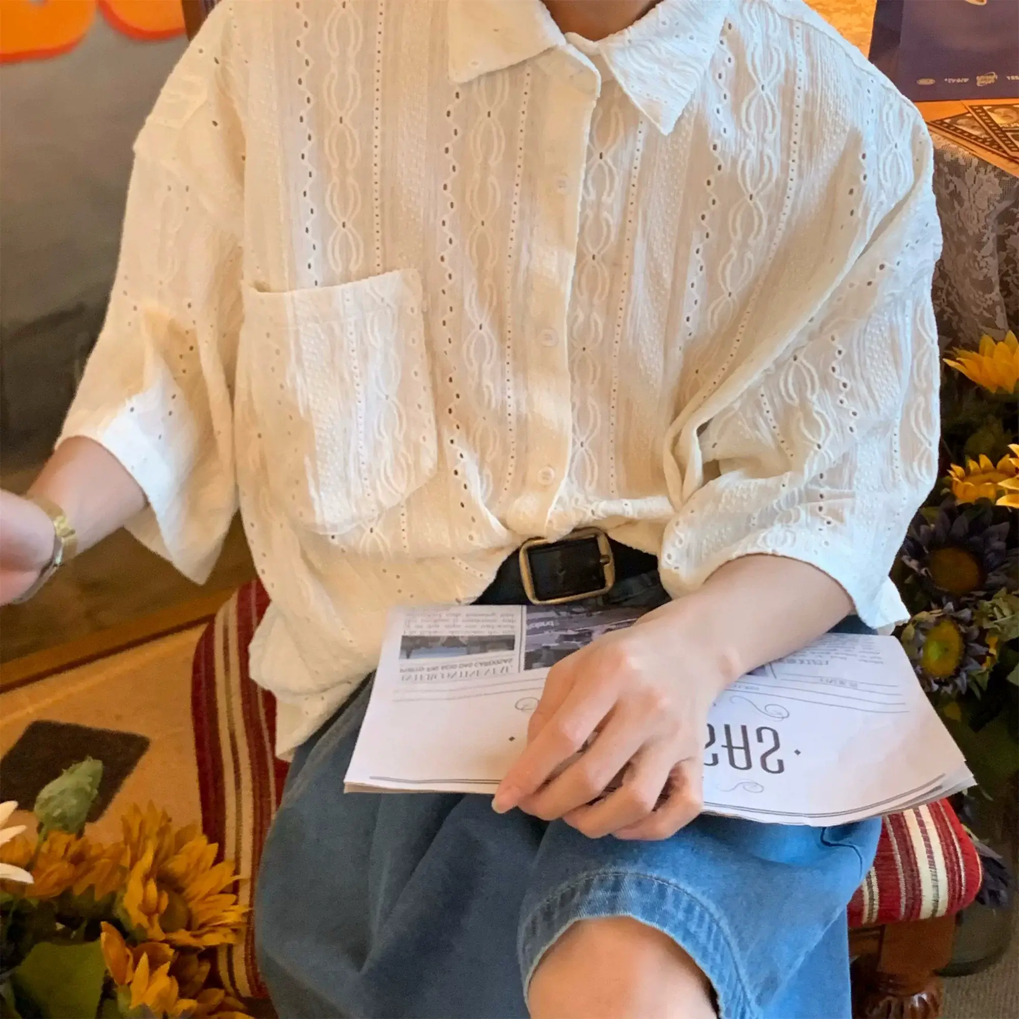 Japanese Style Men's Hollow Short Sleeve Shirt White — feature 17