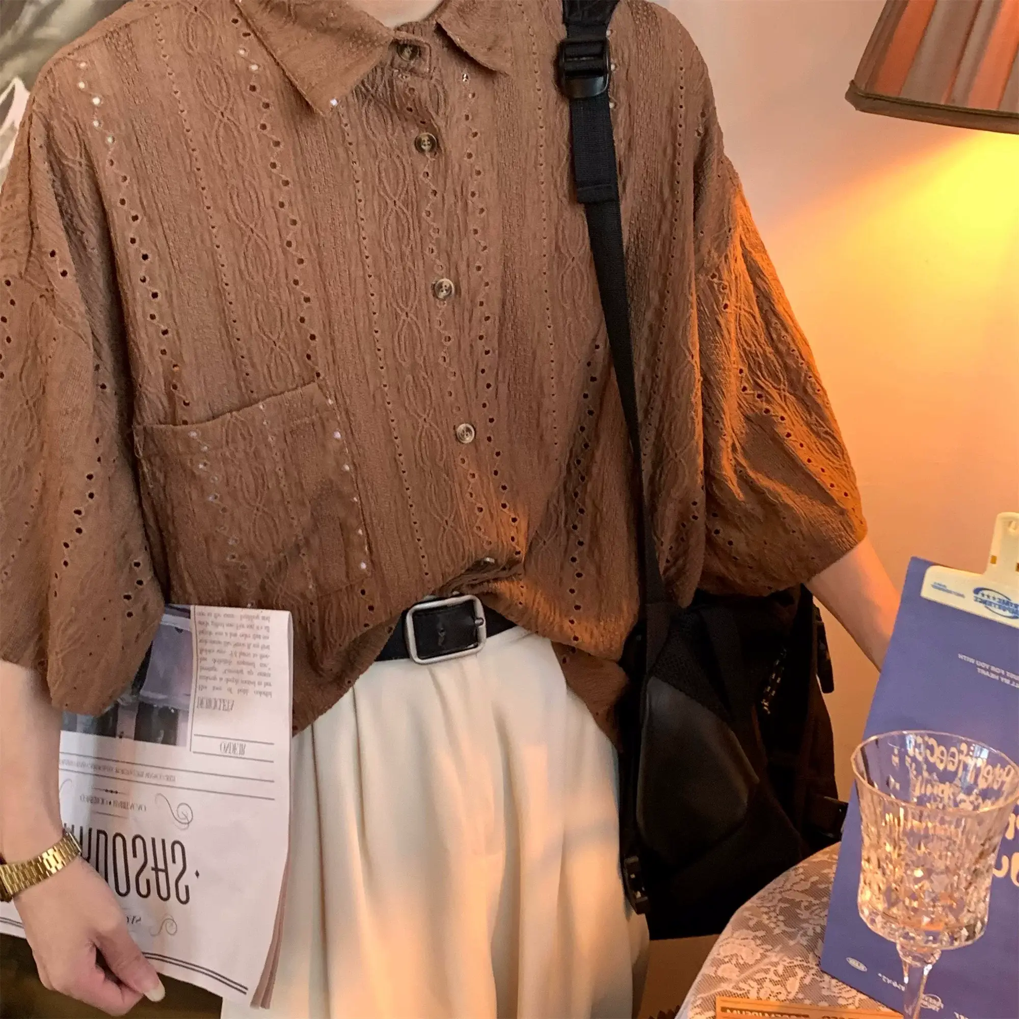 Japanese Style Men's Hollow Short Sleeve Shirt White — feature 24