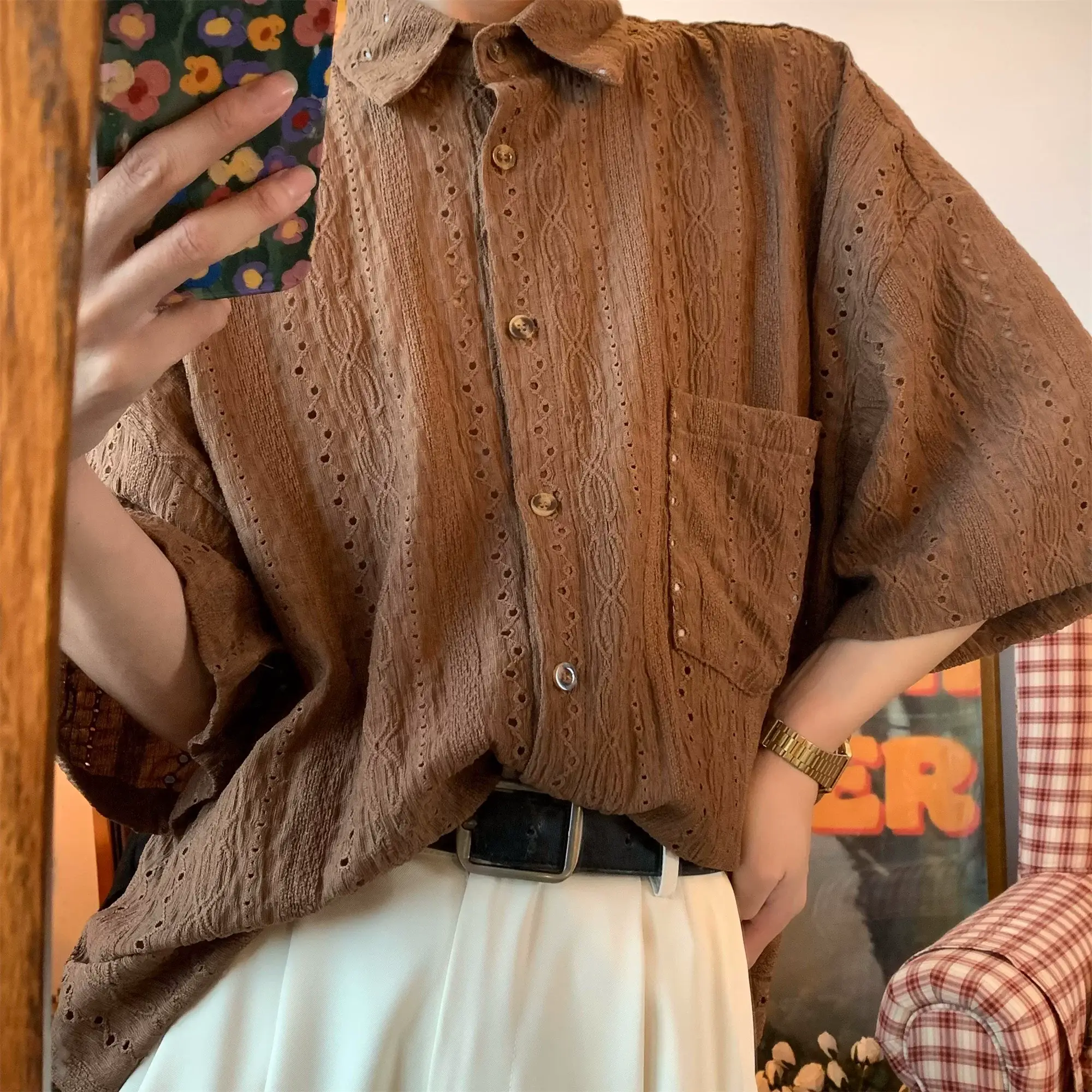 Japanese Style Men's Hollow Short Sleeve Shirt White — feature 28