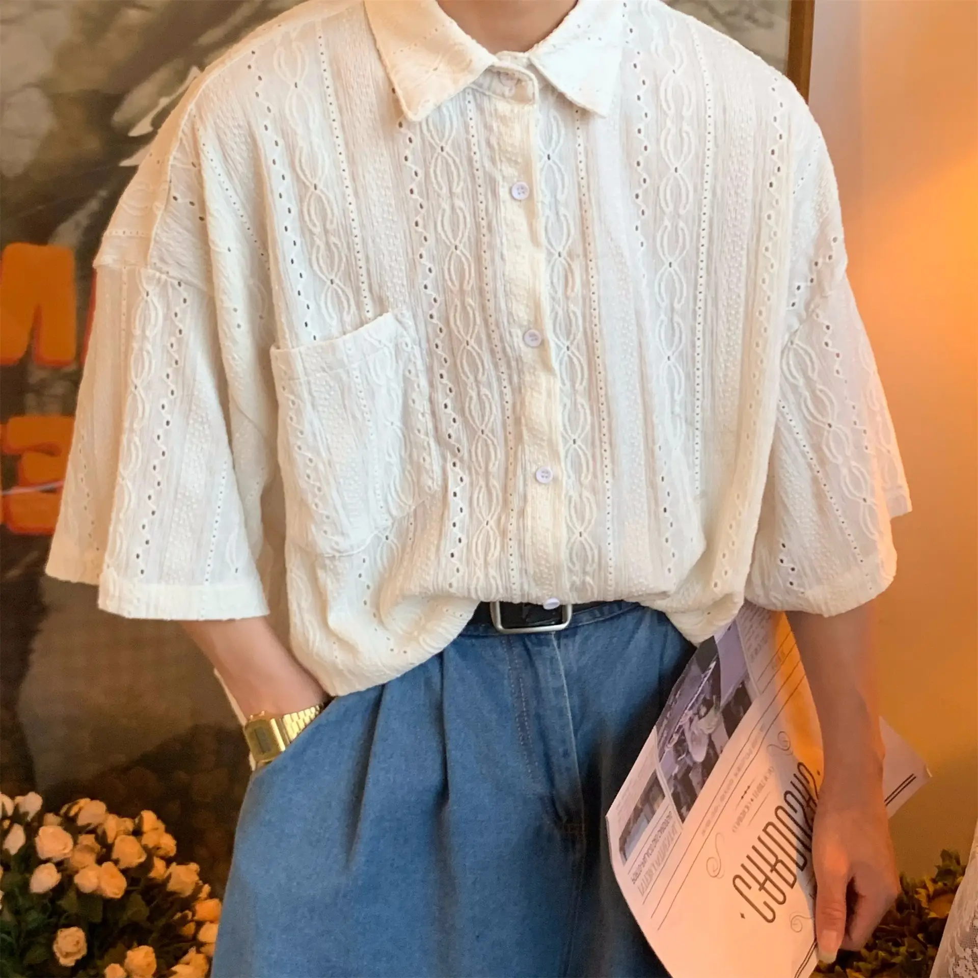 Japanese Style Men's Hollow Short Sleeve Shirt White - Image 2