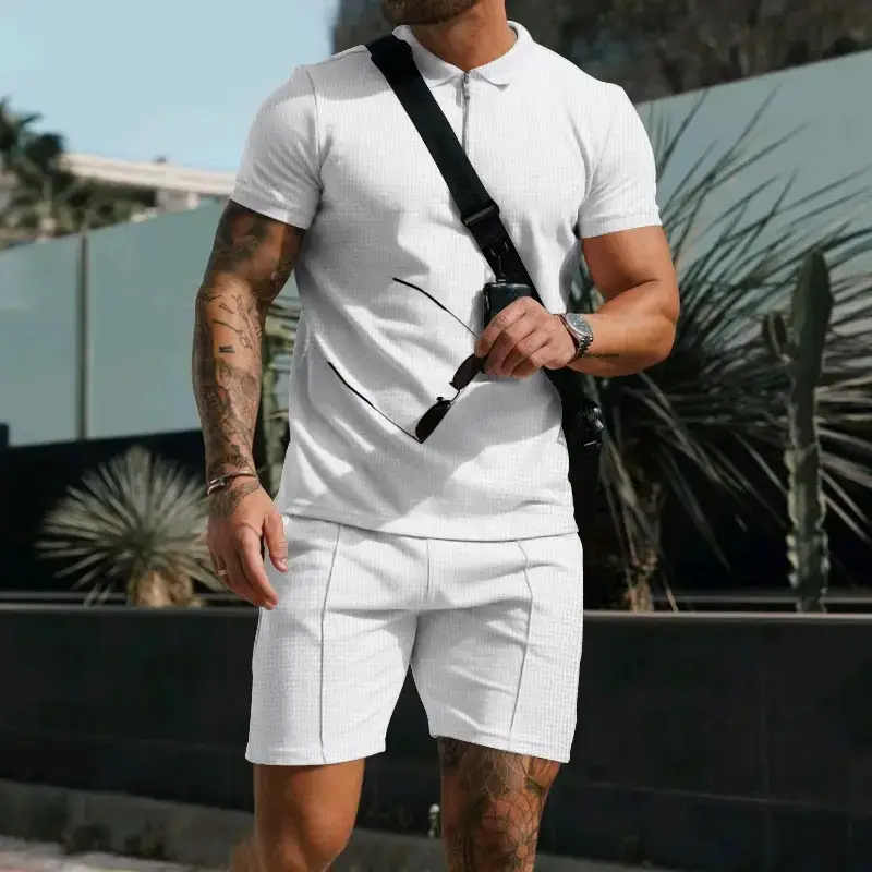 Men's Waffle Cotton Shorts Suit Summer Casual White - Image 8