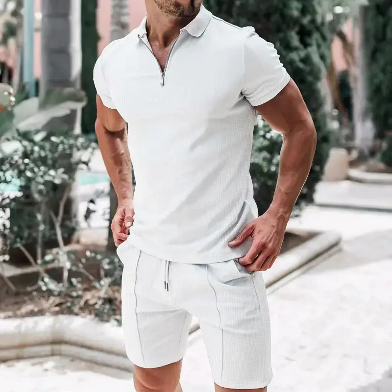Men's Waffle Cotton Shorts Suit Summer Casual White — feature 10