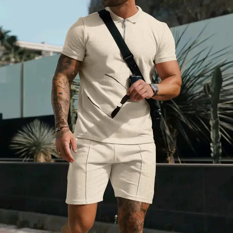 Men's Waffle Cotton Shorts Suit Summer Casual White - Image 2