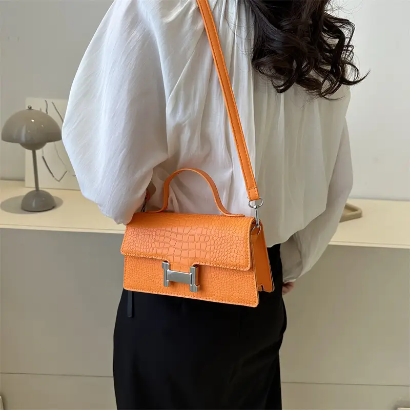 Orange Croc Leather Shoulder Bag for Women - Image 7