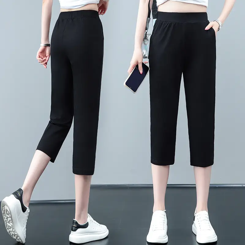 Women Black Cotton Cropped Pants 2023 Summer