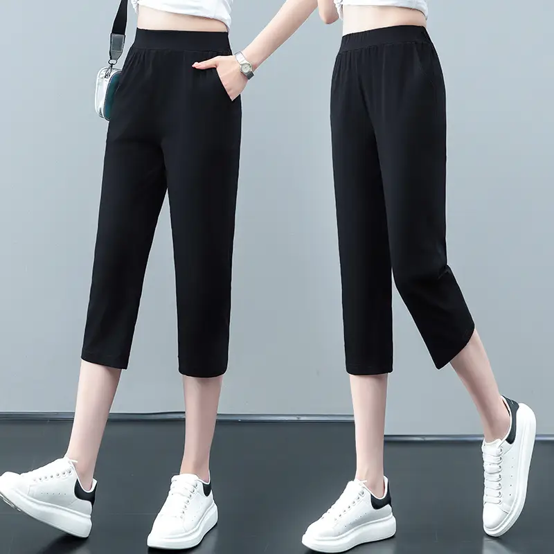 Women Black Cotton Cropped Pants 2023 Summer