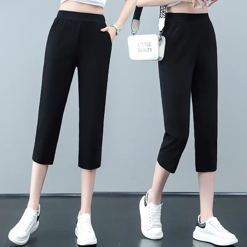 Women Black Cotton Cropped Pants 2023 Summer