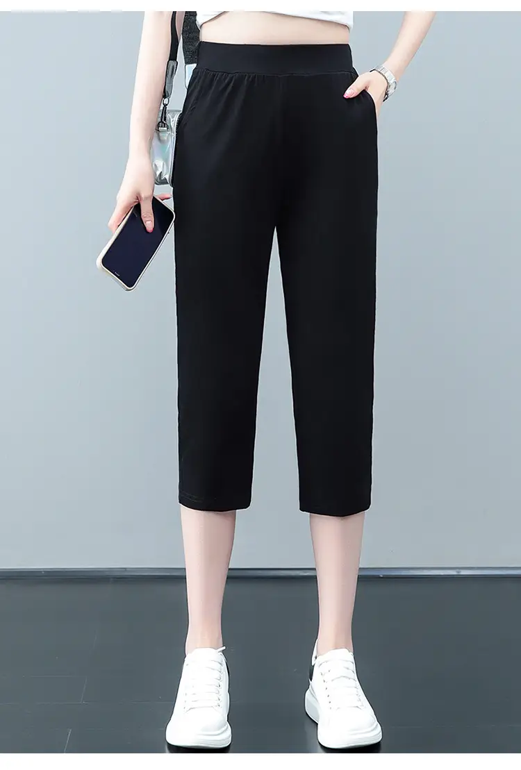 Women Black Cotton Cropped Pants 2023 Summer — feature 10