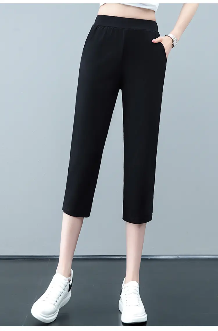 Women Black Cotton Cropped Pants 2023 Summer — feature 11