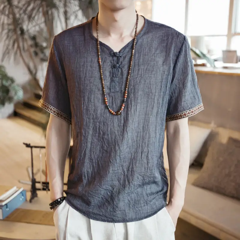 Men Black Linen Short Sleeve T-Shirt with Embroidered Sleeves - Image 10