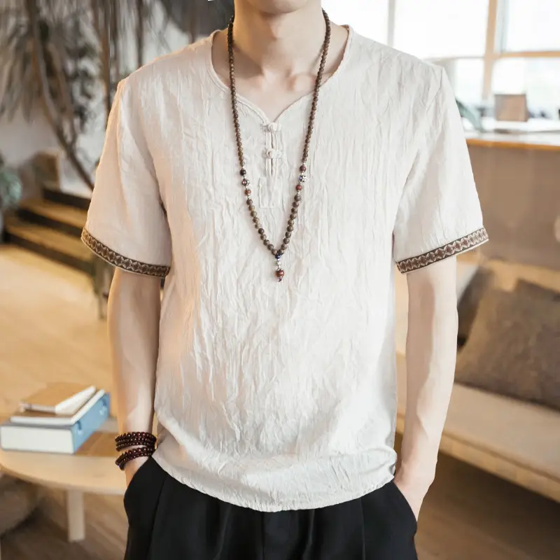Men Black Linen Short Sleeve T-Shirt with Embroidered Sleeves - Image 11