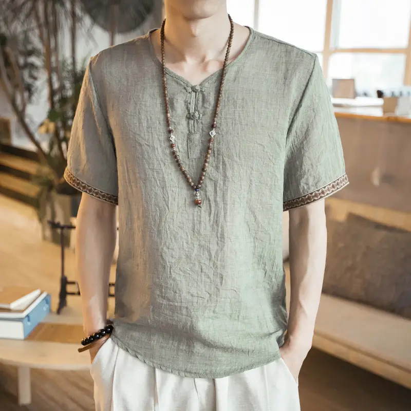 Men Black Linen Short Sleeve T-Shirt with Embroidered Sleeves - Image 12