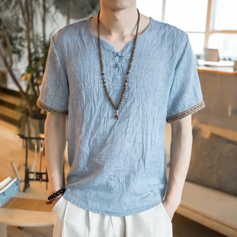 Men Black Linen Short Sleeve T-Shirt with Embroidered Sleeves - Image 13