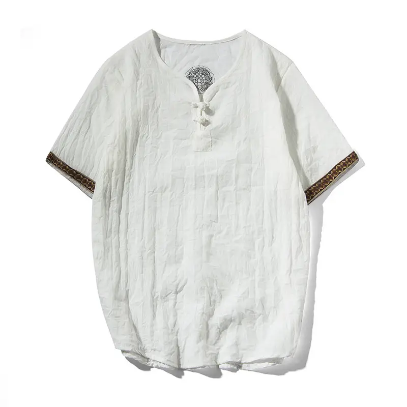 Men Black Linen Short Sleeve T-Shirt with Embroidered Sleeves - Image 14