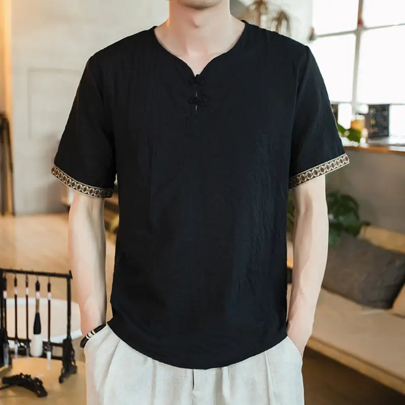 Men Black Linen Short Sleeve T-Shirt with Embroidered Sleeves - Image 3