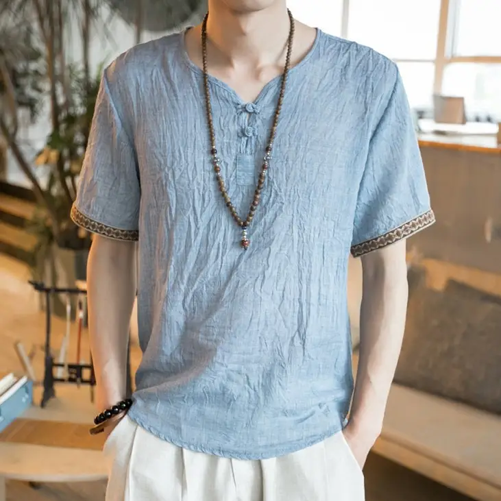 Men Black Linen Short Sleeve T-Shirt with Embroidered Sleeves - Image 4