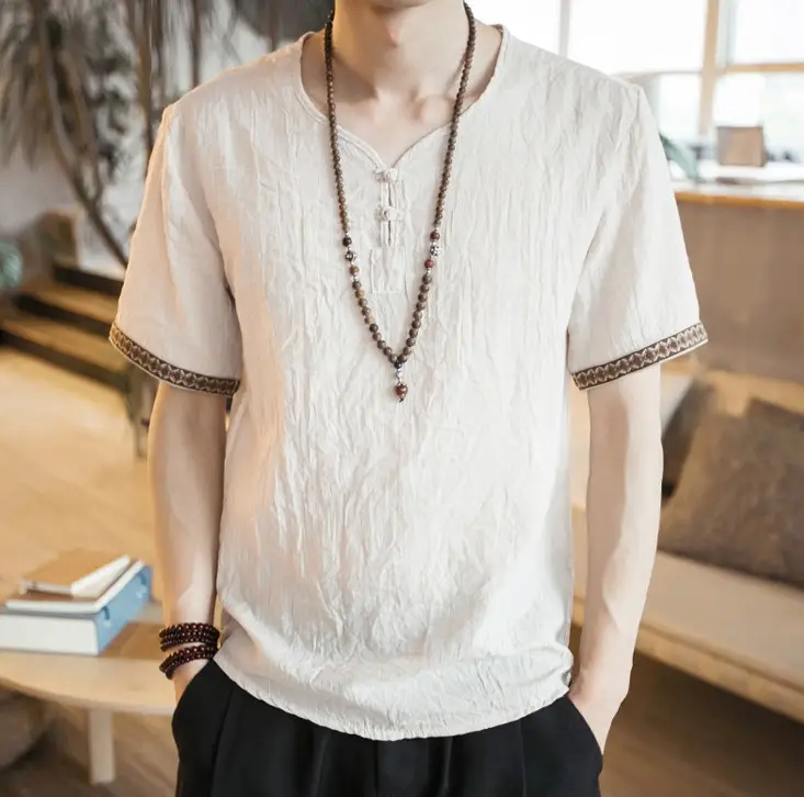 Men Black Linen Short Sleeve T-Shirt with Embroidered Sleeves - Image 5