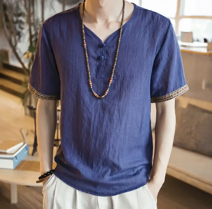 Men Black Linen Short Sleeve T-Shirt with Embroidered Sleeves - Image 6