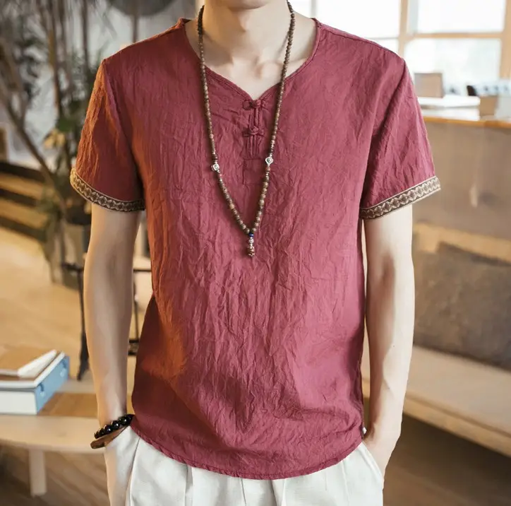 Men Black Linen Short Sleeve T-Shirt with Embroidered Sleeves - Image 7