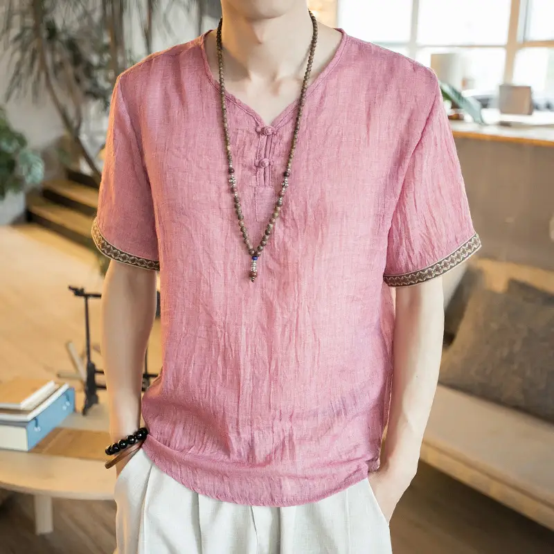 Men Black Linen Short Sleeve T-Shirt with Embroidered Sleeves - Image 8