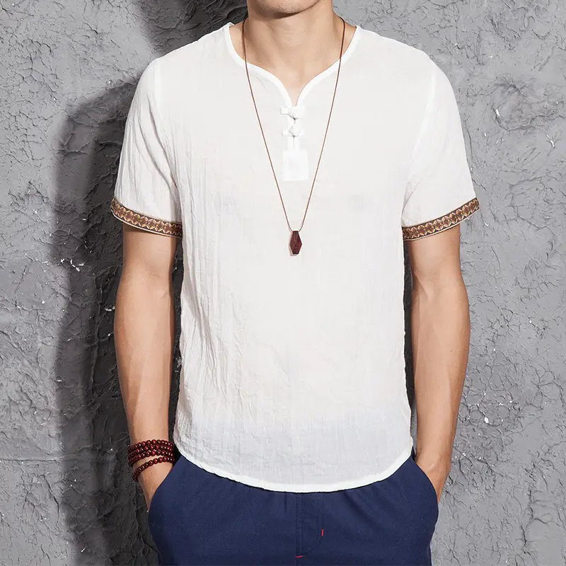 Men Black Linen Short Sleeve T-Shirt with Embroidered Sleeves - Image 9