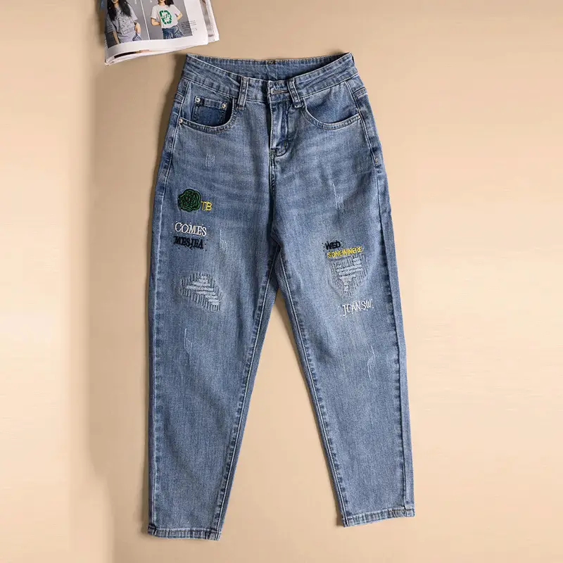 Women Thin Cropped Jeans 2024 Spring Summer Light Blue - Image 3