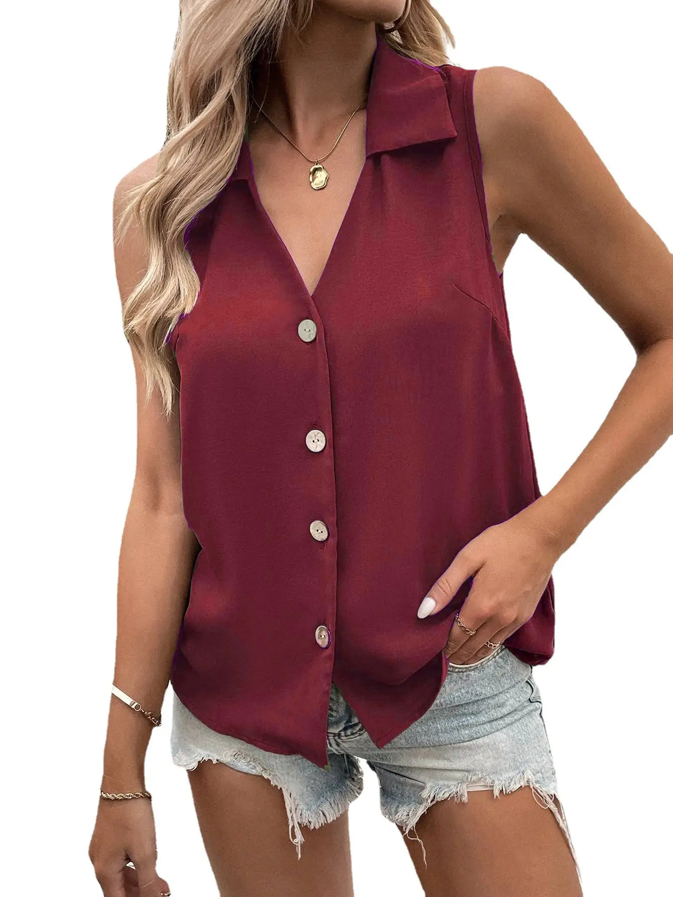 2023 V-Neck Sleeveless Button Vest Shirt for Women - Image 8