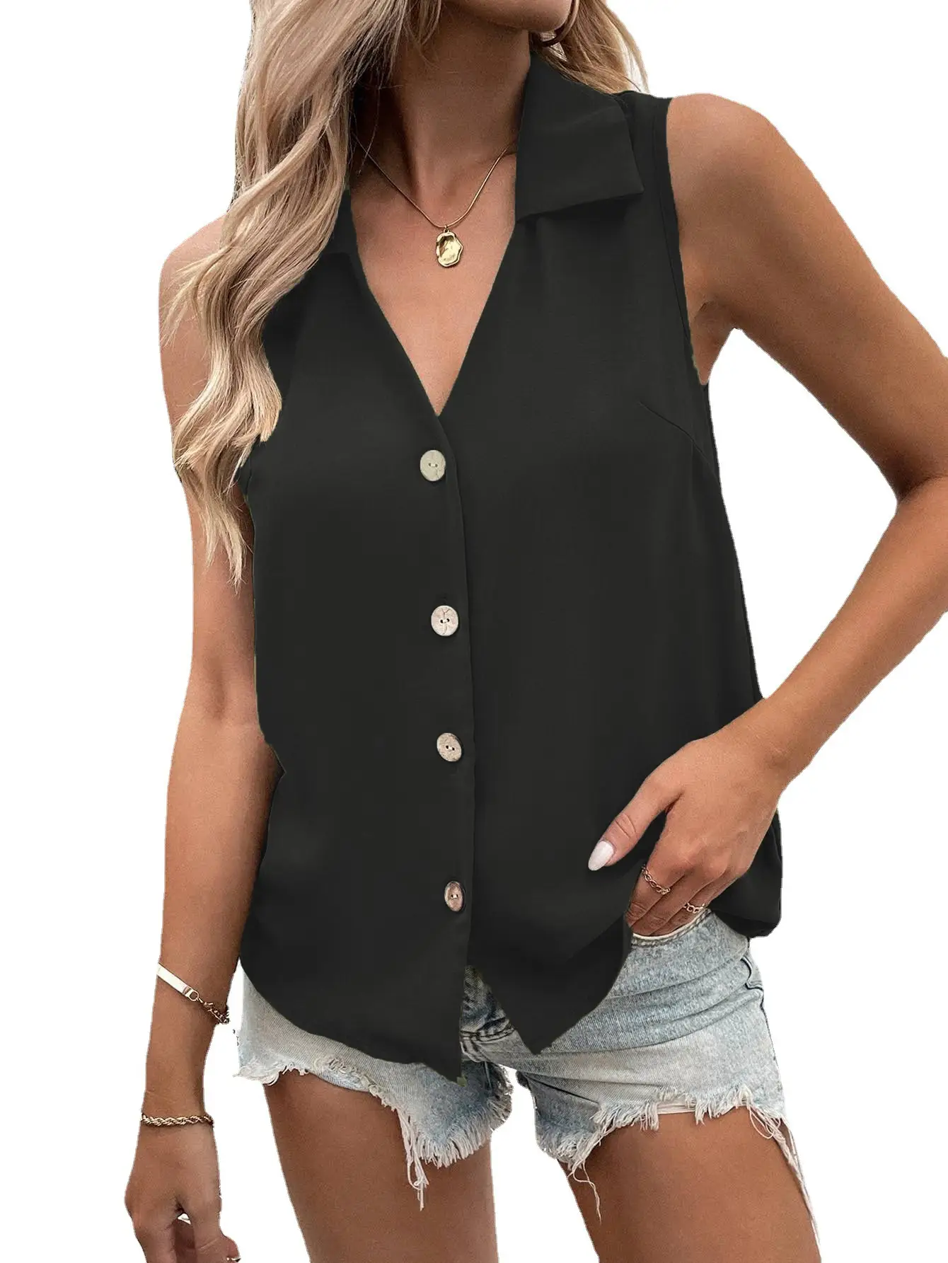 2023 V-Neck Sleeveless Button Vest Shirt for Women - Image 9