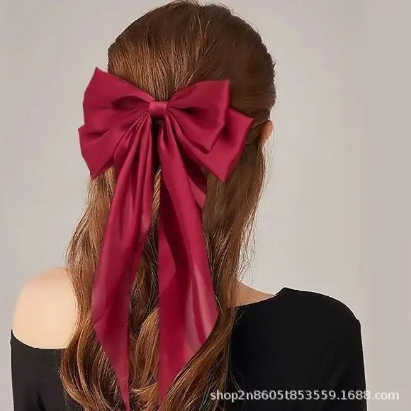 Bow Hairpin Long Ribbon Large Vintage Wine Red - Image 19