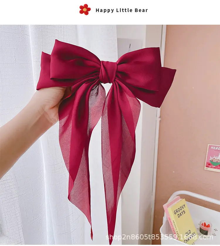 Bow Hairpin Long Ribbon Large Vintage Wine Red — feature 4