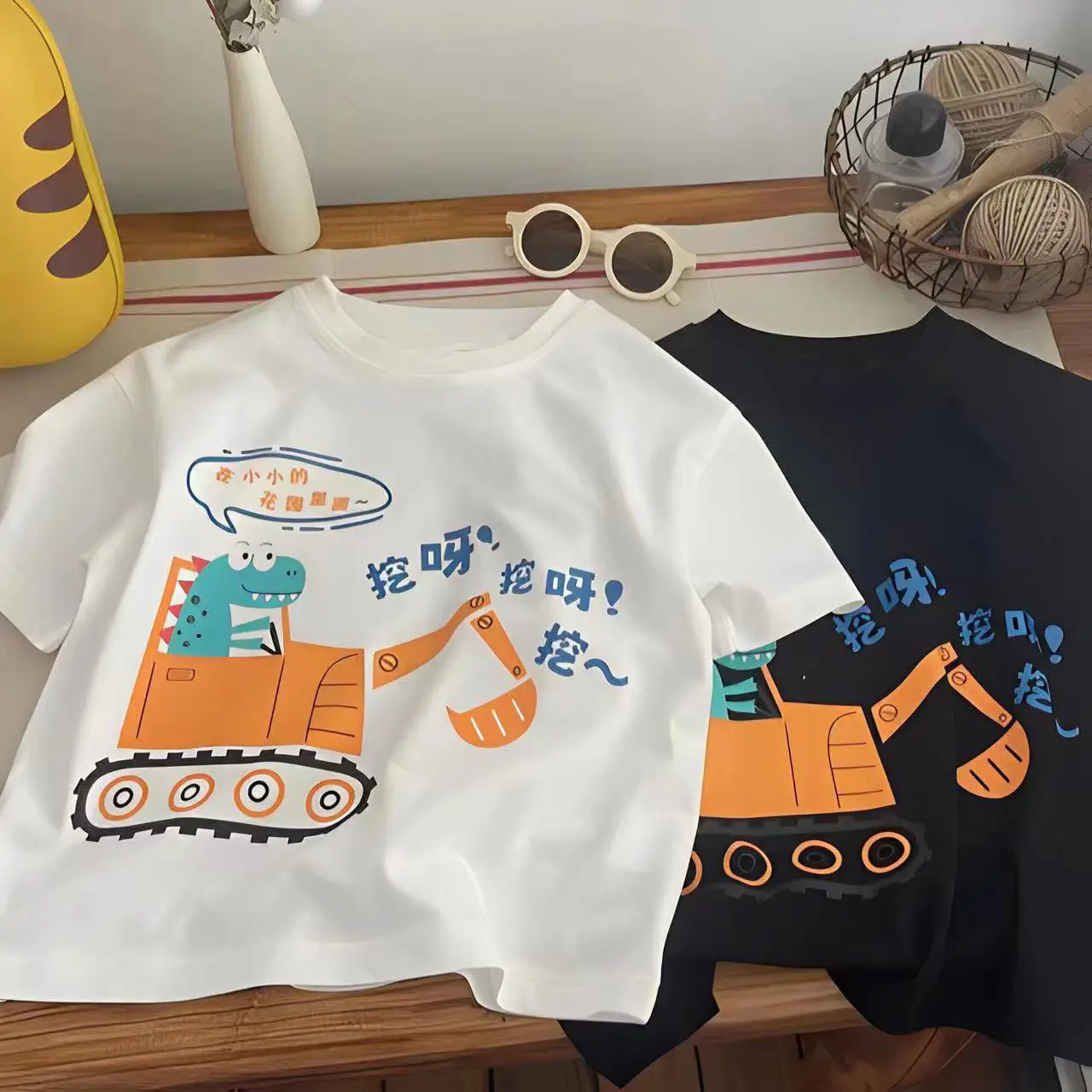 Dinosaur Excavator Pure Cotton Boys T-Shirt Black — feature 10