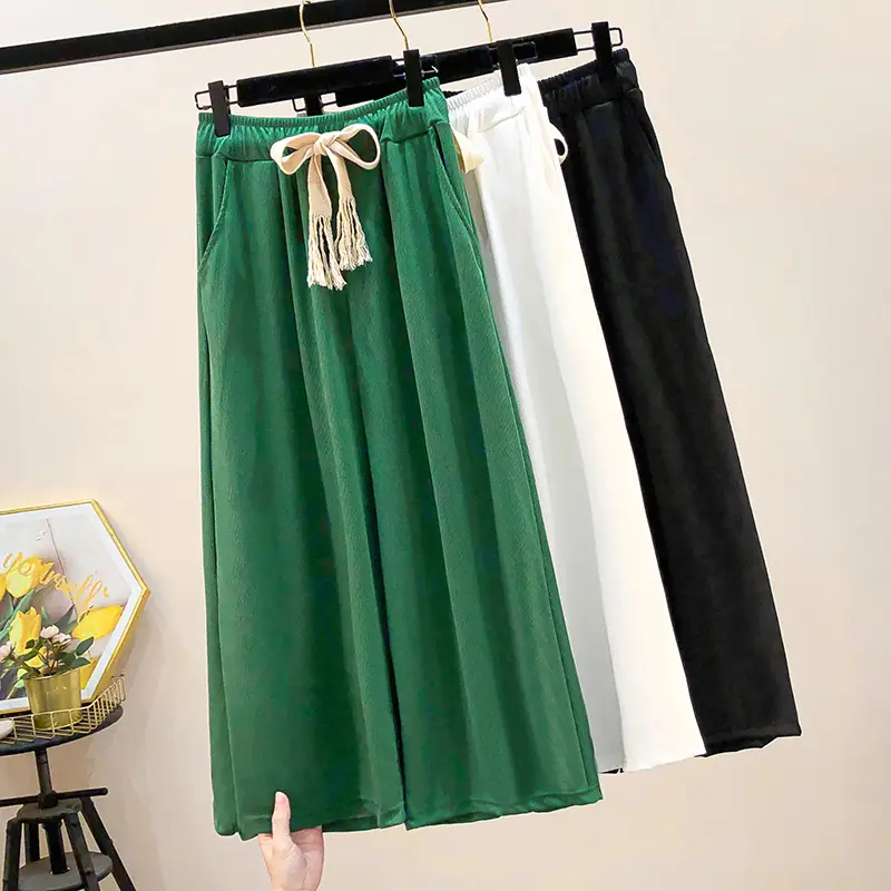 Green Wide Leg Drawstring Capri Pants 150kg Ice Silk