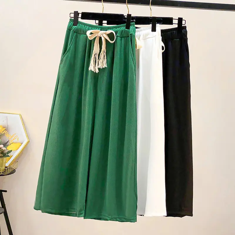 Green Wide Leg Drawstring Capri Pants 150kg Ice Silk
