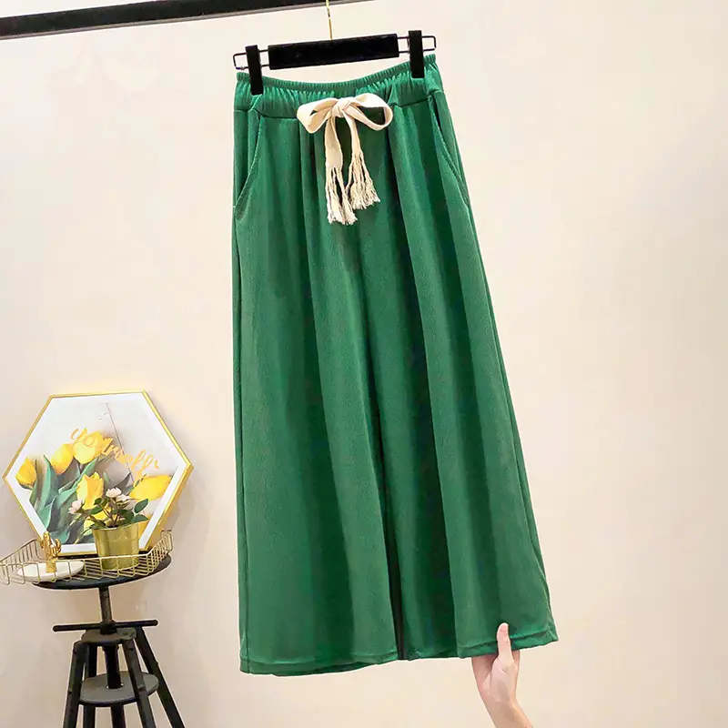 Green Wide Leg Drawstring Capri Pants 150kg Ice Silk