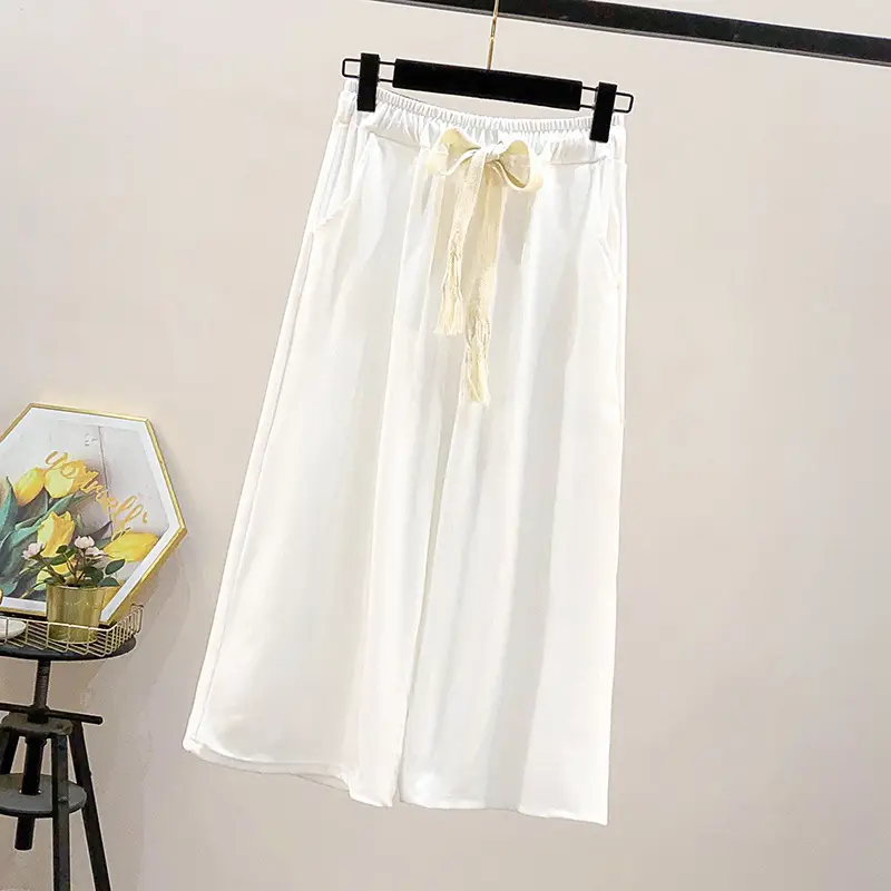 Green Wide Leg Drawstring Capri Pants 150kg Ice Silk