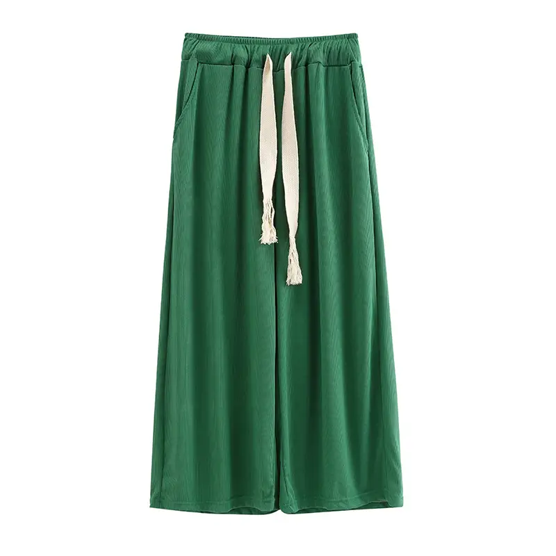 Green Wide Leg Drawstring Capri Pants 150kg Ice Silk