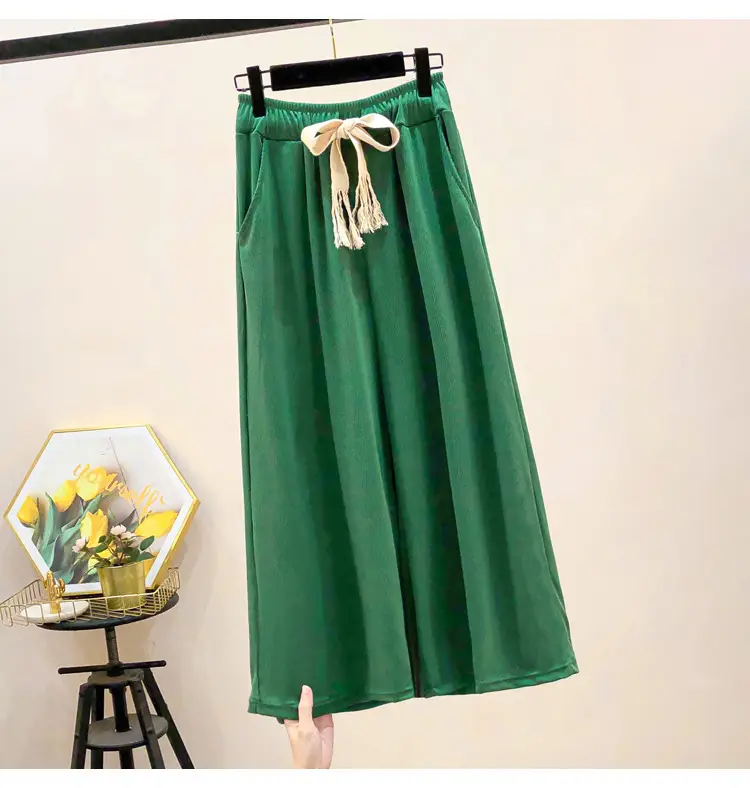 Green Wide Leg Drawstring Capri Pants 150kg Ice Silk — feature 10