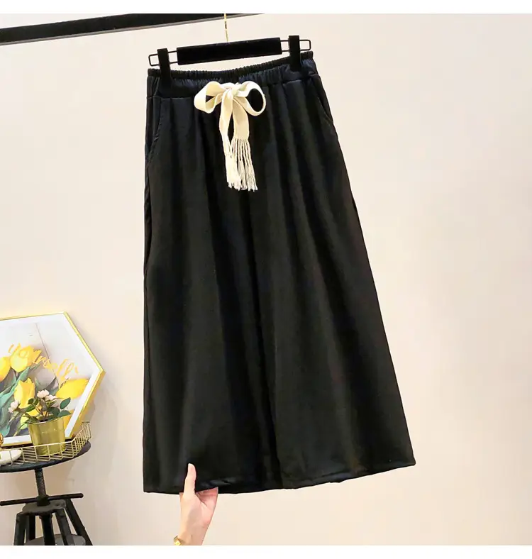 Green Wide Leg Drawstring Capri Pants 150kg Ice Silk — feature 16