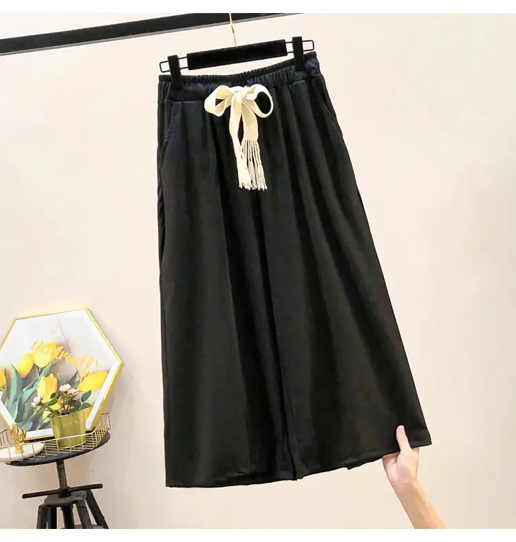 Green Wide Leg Drawstring Capri Pants 150kg Ice Silk — feature 18