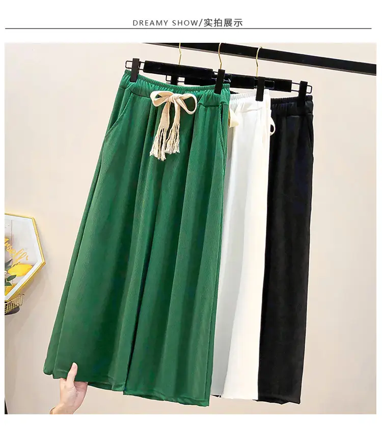 Green Wide Leg Drawstring Capri Pants 150kg Ice Silk — feature 2
