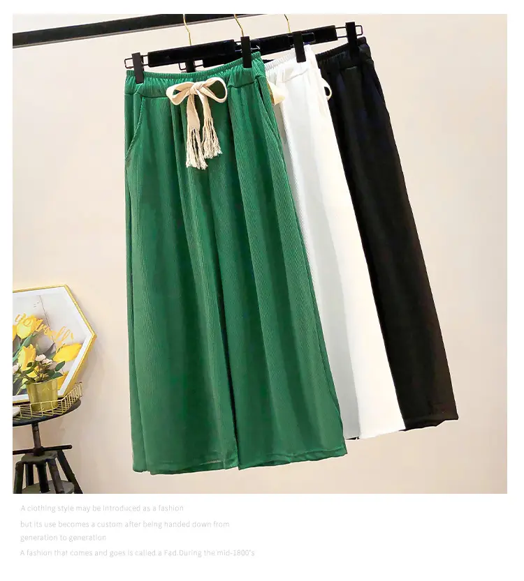 Green Wide Leg Drawstring Capri Pants 150kg Ice Silk — feature 4
