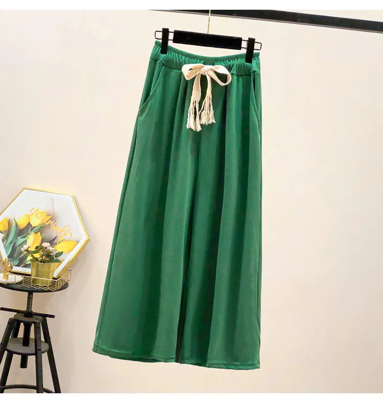 Green Wide Leg Drawstring Capri Pants 150kg Ice Silk — feature 7