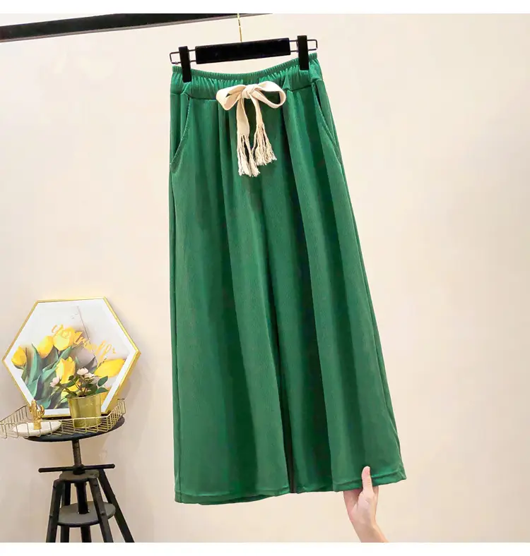 Green Wide Leg Drawstring Capri Pants 150kg Ice Silk — feature 8