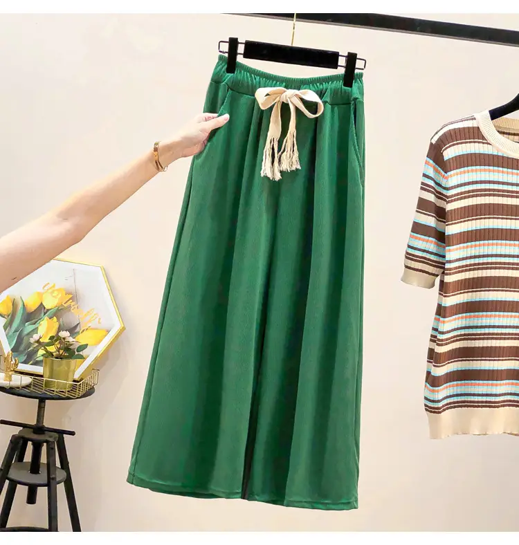 Green Wide Leg Drawstring Capri Pants 150kg Ice Silk — feature 9