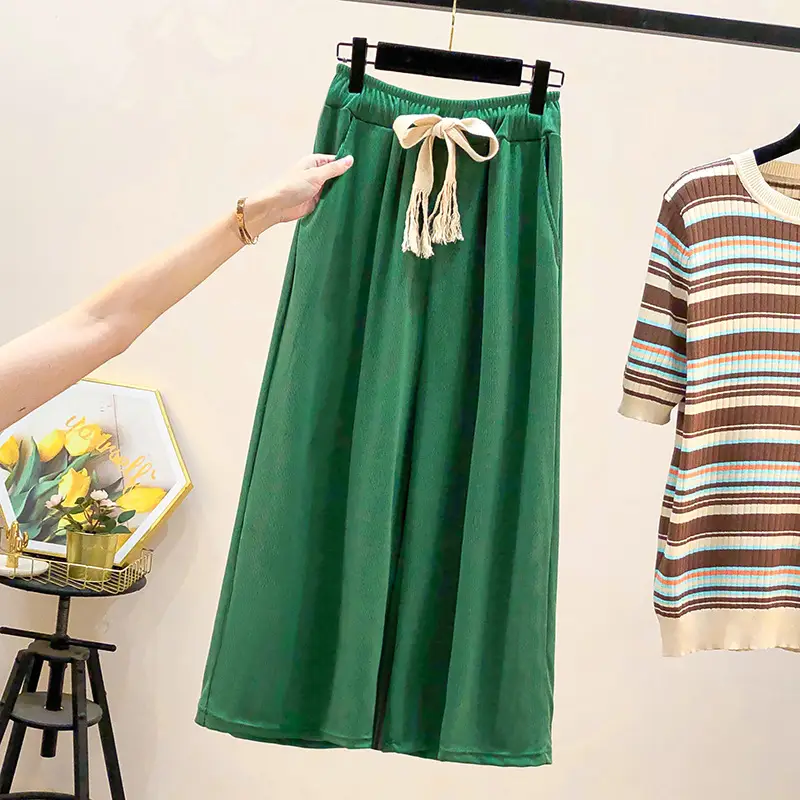 Green Wide Leg Drawstring Capri Pants 150kg Ice Silk